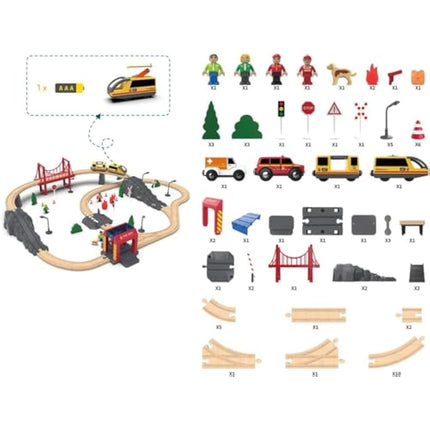 Giant bean Wooden Train Set 72 PCS, Wooden Train Tracks & Train Toys, Toddler Model Train Set, Toy Railway Kit for Kids Age 3 4 5 Year Old,Gift for Boys and Girls (Fire Station Theme)