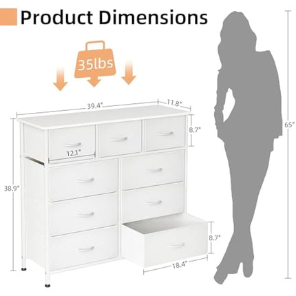 CAIYUN Chest of Drawers,Dresser for Bedroom with 9 Drawers,Fabric Dresser with Wood Top and Large Storage Space, Easy to Assemble, for Bedroom, Living room, White