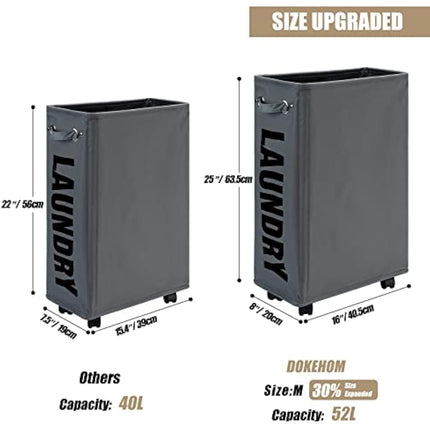 DOKEHOM 25-Inches Slim Laundry Basket on Wheels, Collapsible Rolling Laundry Hamper, Foldable Narrow Corner Clothes Storage Bins (Dark Grey)