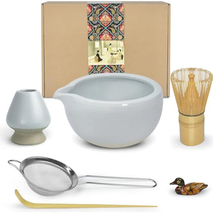 Artcome Matcha Ceremony Kit for Japanese Tea Ceremony, Bowl with Pouring Spout, Whisk, Tea Scoop, Matcha Powder Strainer, Matcha Tea Set for Making Usucha, Koicha and Matcha Latte (Cyan)