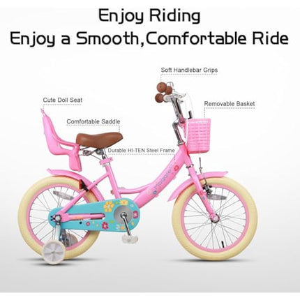 Glerc Maggie 16 Inch Kids Bike for 2-13 Years Old, Girls Bicycle with Doll-Seat & Basket & Stabilisers & Kickstand, Multiple Colors