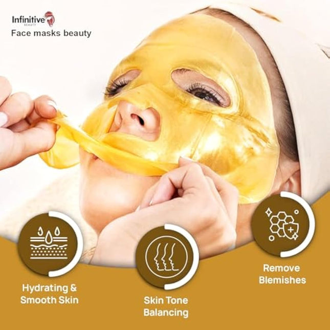 50 x Infinitive Beauty 24K Gold Collagen Crystal Face Mask – Anti-Aging Gel Sheet Mask for Wrinkles, Hydration, and Skin Firming, 10-Pack, Professional Facial Skincare Treatment