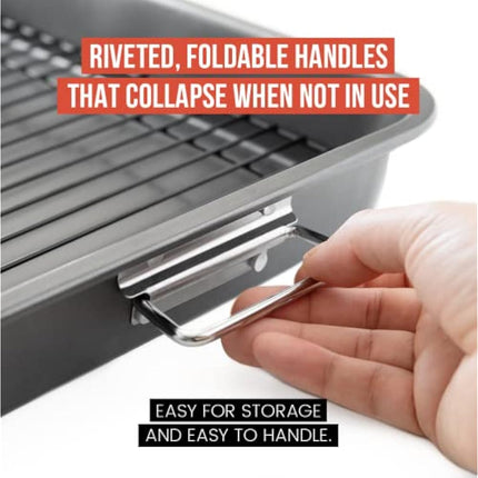 Chef Pomodoro Nonstick Carbon Steel Roasting Pan Roaster with Flat Rack, 16 x 11-Inch (41cm x 28 cm), Large, Grey, Bakeware Rectangular Oven BBQ Baking