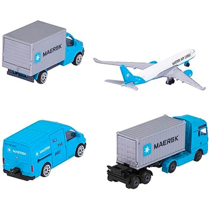 Majorette - MAERSK TRANSPORT VEHICLES (Gift Set) - 4 metal model vehicles (Man Truck, Mercedes-Benz Sprinter, Volkswagen Crafter & Airbus Aircraft), toys for children aged 3+.