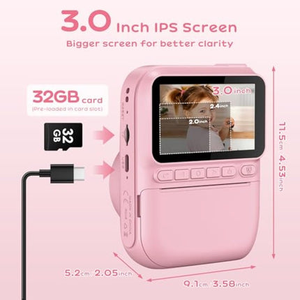 GREENKINDER Kids Camera Instant Print, 3.0'' Large Screen Instant Camera for Kids, 1080P Kids Digital with 32GB Card & 3 Rolls Print Paper, Gift Toy Selfie for Girls Age 3-12, Pink
