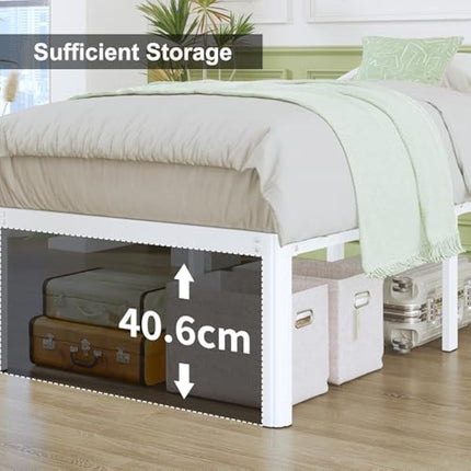Lutown-Teen 3ft Single Bed Frame 46 cm High with Rounded Corners, Heavy Duty Metal Bed Frames Single with Steel Slats, Ample Storage Underneath, Noise Free, Easy Assembly, White