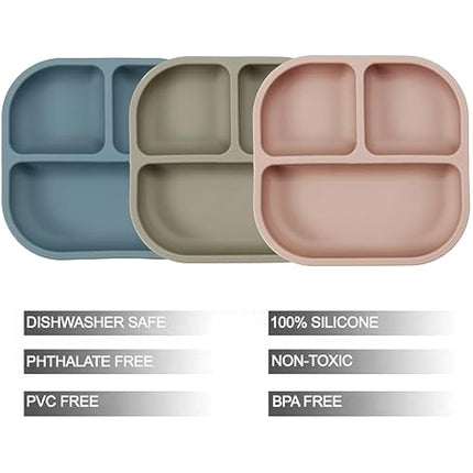 PandaEar 3 Pack Baby Suction Plates for Weaning with Spoons, Silicone Toddler Plates for Childrens Kids, Unbreakable Divided Baby Plate with Suction, Non-Slip, Non-Toxic, BPA Free (Blue Red Brown)