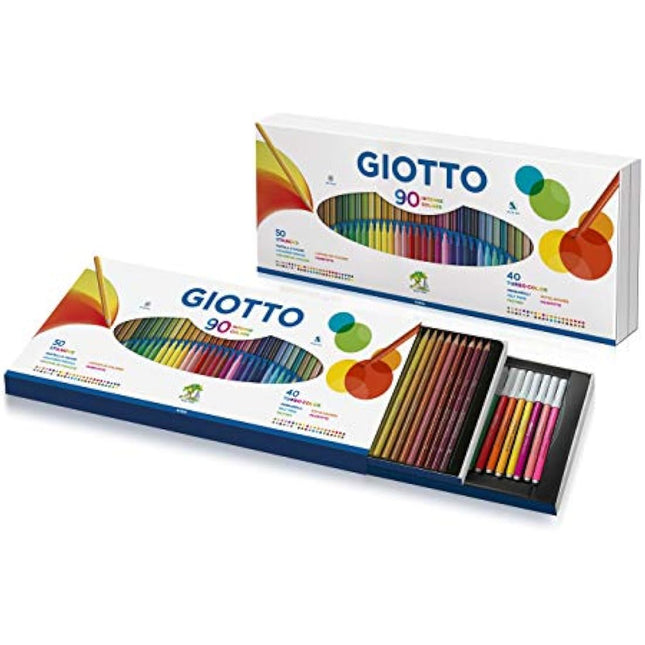 GIOTTO 90pcs Gift box with 40 Giotto turbo colour felt-tip pens & 50 Giotto Stilnovo coloured pencils, Assorted colours, Ideal for Children & Schools