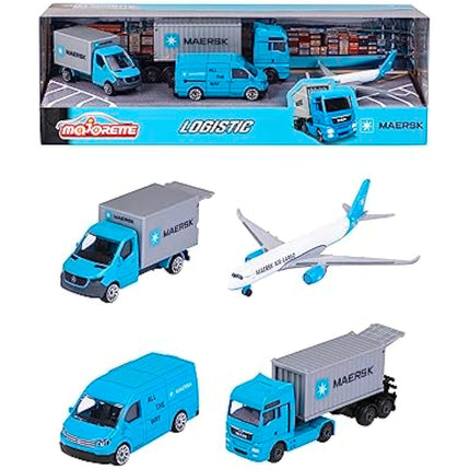 Majorette - MAERSK TRANSPORT VEHICLES (Gift Set) - 4 metal model vehicles (Man Truck, Mercedes-Benz Sprinter, Volkswagen Crafter & Airbus Aircraft), toys for children aged 3+.