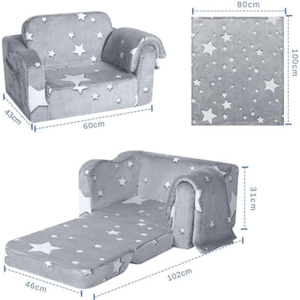 MeMoreCool Kids Couch Sofa, Folding Toddler Chair Bed, Soft Plush Fold Out Kids Armchair Floor Mini Sofa Glow in The Dark, Comfy Baby Recliner for Girls Boys, Grey