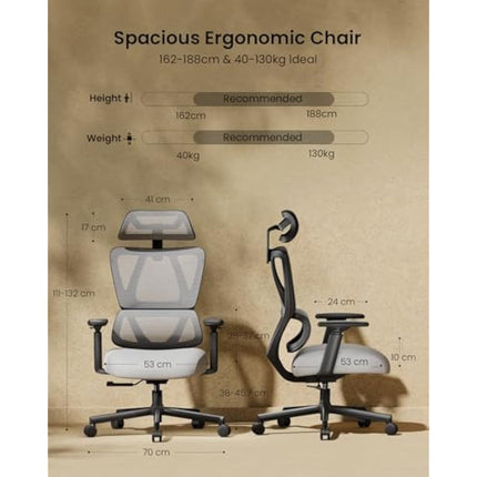 ProtoArc EC100 Ergonomic Office Chair – Computer Desk Chair for Work with 10cm Thicker Spring Cushion, Lumbar Support, Adjustable Armrest & Headrest, Mesh Swivel Gaming Chair for Home Office, Grey