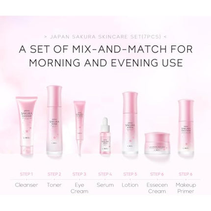 LAIKOU Japan Sakura Skincare Set, Luxury Facial Kit for Women Teenage Girls, Moisturizing & Anti Aging Skincare Gift Set - Cleanser, Toner, Lotion, Serum, Eye Cream, Face Cream, Makeup Primer, 7pcs