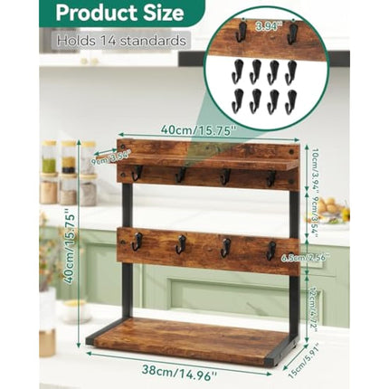 IBUYKE Rustic Coffee Mug Holder Stand, 2 Tier Countertop Mug Tree Holder Rack with Storage Base, Vintage Mug Holders for Kitchen, Holds 8 Mugs, Rustic Brown TBJ002H