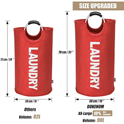 DOKEHOM 90L Large Laundry Basket, Collapsible Laundry Bag, Freestanding Tall Clothes Hamper, Foldable Washing Bin (Red)