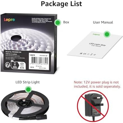 Lepro 5M LED Strip Lights, Cool White 6000K, 300 LEDs, 2300lm Bright Daylight LED Tape for Kitchen Cabinet Bar Van TV Mirror and More (12V Power Supply Not Included)