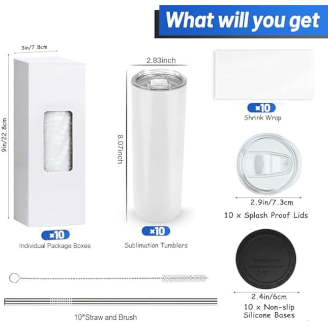 MSYU 10 Pack Sublimation Tumblers Bulk, 20 oz Stainless Steel Straight Skinny Tumbler, White Double Walled Vacuum Tumbler with Straws and Lid for DIY, Memorial Gifts, Individually Boxed