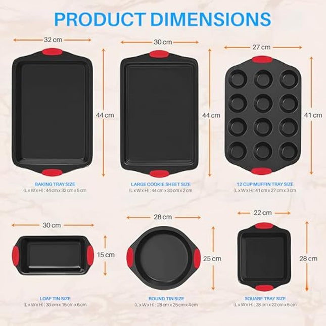 Nutrichef 6-Piece Steel Nonstick Bakeware Set - Carbon Steel Baking Tray Set w/Heatsafe Red Silicone Handles, Oven Safe Up to 450°F, Loaf Muffin Round, Cookie Sheet, Baking Pan NCSBS6S , Black