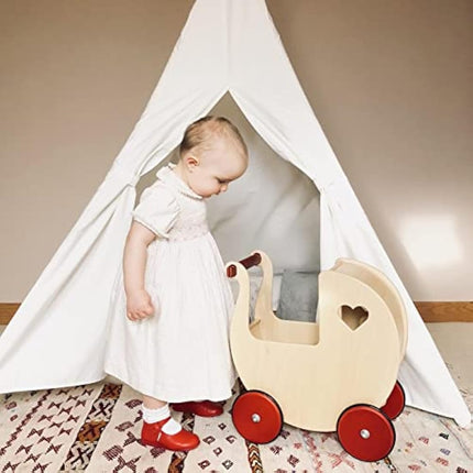 Moover Classic Doll's Pram for Toddlers, Fully Assembled, Designed in Denmark from Russian Birch Plywood, Push Along Toy, 18 Months+, 44 x 43 x 24 cm, Baby Pink and Natural Wood