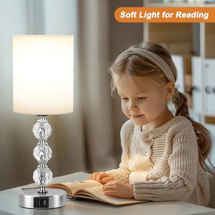 Aooshine Touch Table Lamp, Crystal Bedside Lamps with 3 Way Dimmable, Touch Lamps Bedside with USB C+A Charging Ports, Bed Lamps with White Fabric Shade for Living Room, Bedroom, Dorm(Bulb Included)