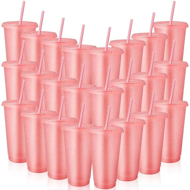 24 Pcs Reusable Cups with Lids and Straws 24 oz Glitter Iced Coffee Tumbler Plastic Travel Mug Cup for Smoothie Juices Birthday Sleepover Party Supplies (Light Pink)