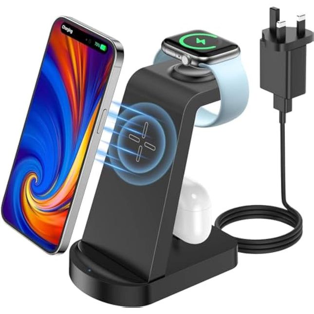 bakibo 3 in 1 Wireless Charging Station, Wireless Charger for iPhone 15/14/13/12/11/Plus/Pro/Max, Wireless Charging Stand Dock for Apple Watch 9/8/Ultra/7/6/SE, AirPods 3/2/1/pro (with Adapter), Black