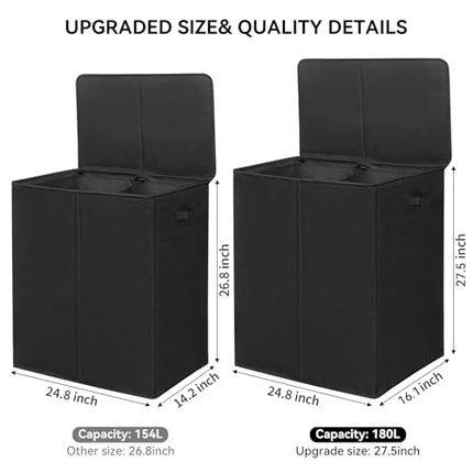 Chrislley 180L Double Laundry Basket with lid and Removable Laundry Bags Large Collapsible 2 Dividers washing basket with Handles for Bedroom Laundry