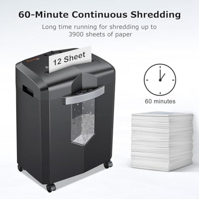Bonsaii 12-Sheet Micro Cut Paper Shredder, Heavy Duty Shredder for Home Office Runs for 60 Mins, Shredders with 4 Casters & 16 Litres Pullout Bin, Shreds CD, Card, Mail, Staple and Clips(C266-B)