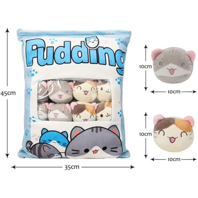 HXPLN Cute Snack Pillow Cat Plush Pillow, Pudding Cat Pillow with Kitty Dolls, Removable Stuffed Animal Toys Creative Gift for Teenagers, Girls, Children (8 Blue Kittens)