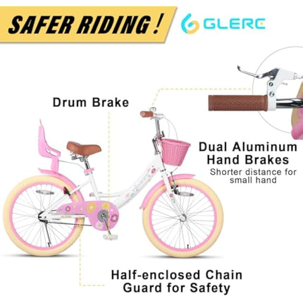 Glerc Maggie 20 Inch Kids Bike for 2-13 Years Old, Girls Bicycle with Doll-Seat & Basket & Stabilisers & Kickstand, Multiple Colors