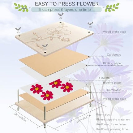 Rhykoka Professional Flower Press, 8 Layers 6.3x8.3 inch (16x21cm) Flower Press Kit Wooden Leaf Pressing Kit for Kids Adults with Clear Instruction, Nice Gift for DIY Dried Flowers Lovers (Wooden)