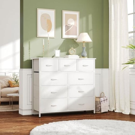 CAIYUN Chest of Drawers,Dresser for Bedroom with 9 Drawers,Fabric Dresser with Wood Top and Large Storage Space, Easy to Assemble, for Bedroom, Living room, White
