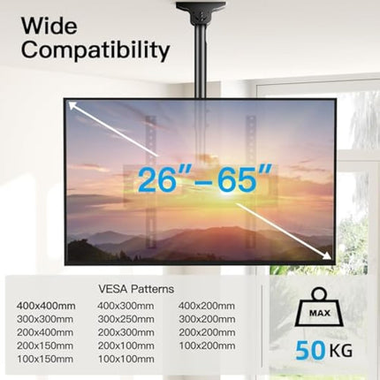 PERLESMITH Ceiling TV Bracket - Adjustable Swivel Ceiling Mount for Most 26-65 inch TVs, Full Motion Ceiling TV Mount, Supports up to 50kg, Max VESA 400x400mm, PSCM2-E