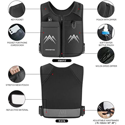AMOSTEC Running Phone Holder Vest, Original Zip Front Reflective Running Vests with 500ml Hydration Bottle, 5 Pockets for Cards, Keys, Towels, Adjustable Waistband & Breathable Materials, Men & Women