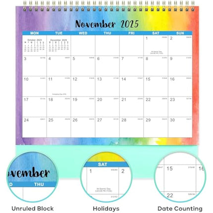 Calendar 2025-2026 - Desk Calendar 2025-2026 uk, 18 Months Calendar from July 2025 to December 2026, 10" x 8.3", Memo Pages - Rainbow Watercolor Ink