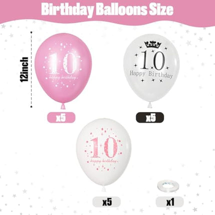 Pink White 10th Birthday Balloons, Pack of 15 Happy 10th Birthday Party Decorations for Her, 10th Birthday Latex Helium Balloons Set for Kids Age 10 Year Old Birthday Party Decorations Supplies