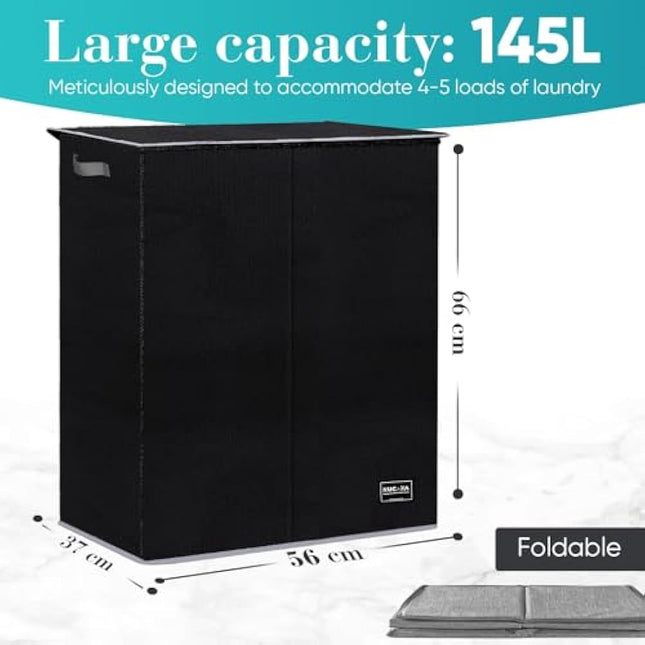 NUCAZA 145L Double Laundry Basket with Lid & Removable Laundry Bags, 2 Compartments Washing Basket for Light & Dark Clothes, Large Laundry Hamper, Collapsible Laundry Bin Storage Basket Black