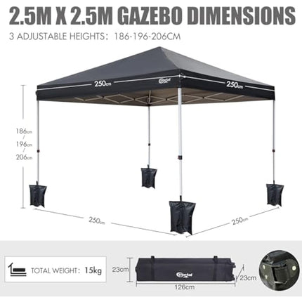 PORTAL Pop up Gazebo 2.5m x 2.5m Heavy Duty Commercial Grade Instant Event Shelter Garden Canopy Outdoor Camping Gazebo 1000mm Water Resistant Sun Shade Shelter Fire Retardant for Hot Tub Beach