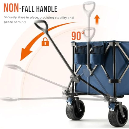 Overmont 300L Extra Large Folding Festival Trolley Cart - All-terrain Wide Wheels and Brake - Heavy Duty Cart Load up 200KG - with Adjustable Handle & Cover Bag - Wagon for Beach Camping Garden blue