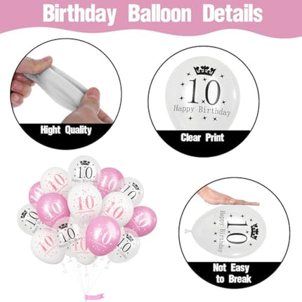 Pink White 10th Birthday Balloons, Pack of 15 Happy 10th Birthday Party Decorations for Her, 10th Birthday Latex Helium Balloons Set for Kids Age 10 Year Old Birthday Party Decorations Supplies