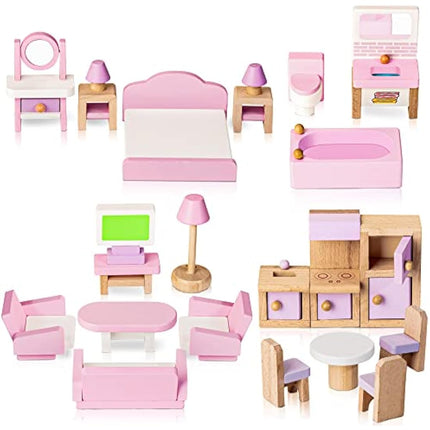 Lawcephun Wooden Dollhouse Furniture Set, 5 Room Kit 22 Piece Miniature Wood Accessories, Including Kitchen, Dining Room, Living Bedroom, Bathroom Playhouse Family Figures Play Toy, Pink (WT06)