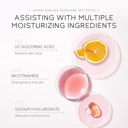 LAIKOU Japan Sakura Skincare Set, Luxury Facial Kit for Women Teenage Girls, Moisturizing & Anti Aging Skincare Gift Set - Cleanser, Toner, Lotion, Serum, Eye Cream, Face Cream, Makeup Primer, 7pcs