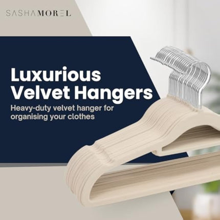 Sasha Morel 20 Pack Velvet Coat Hangers – Non Slip Velvet Hangers for Clothes, Space Saving Adult Hangers with Tie Organizer & Swivel Hooks – Clothes Hangers Wardrobe Storage - Cream