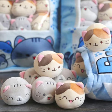 HXPLN Cute Snack Pillow Cat Plush Pillow, Pudding Cat Pillow with Kitty Dolls, Removable Stuffed Animal Toys Creative Gift for Teenagers, Girls, Children (8 Blue Kittens)