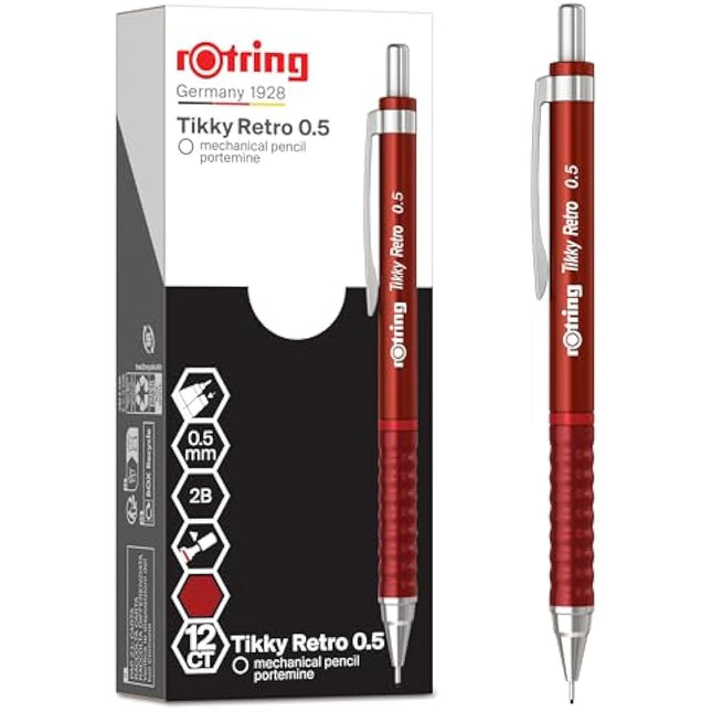 rOtring Tikky Retro Mechanical Pencils | 2B 0.5 mm | Red Barrels | with Comfort Rippled Grip | 12 Count