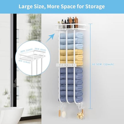 AIRUJIA Wall Mounted Towel Rack with Storage Shelf, Bathroom Towel Holder with 4 Hooks, White