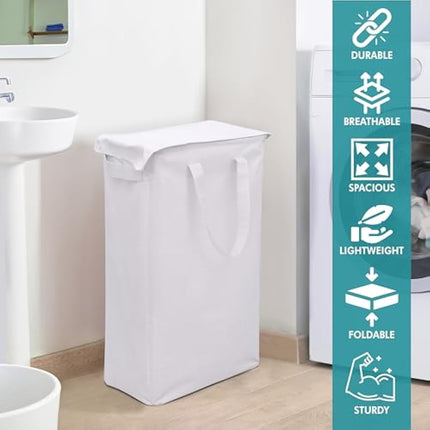 Belle Vous Collapsible Tall Laundry Basket with Lid - Large 58L Foldable Clothes Hamper with Handles - Washing/Laundry/Toys Storage Bin for Bathroom, Bedroom, Dorm or Laundry Room - White