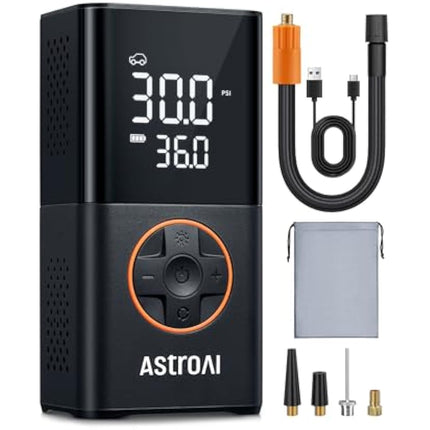 AstroAI Car Tyre Inflator Air Compressor, Portable USB Rechargeable Electric Bike Pump 150 PSI, Tyre Pump with Pressure Gauge Digital Dual Values Display, for Car, Bike, Motorbike, Ball