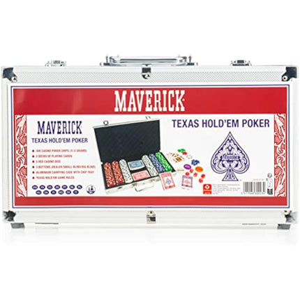 Cartamundi Maverick Texas Hold'em Poker Set, 300 Piece in Aluminium Case with 11.5g Heavyweight Poker Chips, 2 Decks of Playing Cards, Dealer Big Blind and Small Blind Buttons and 5 Dice, Grey