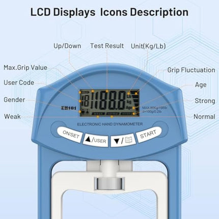 Kuptone Electronic Hand Dynamometer 90 kg / 200 lbs Capacity Range Hand Grip Strengthener with 19 Sets of Individual Records (Blue)