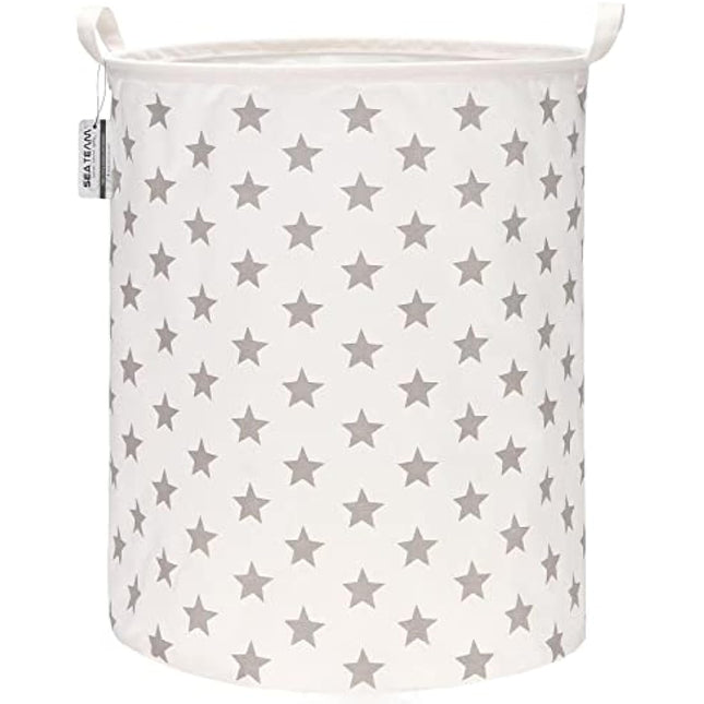 Sea Team 19.7 Inch Large Sized Waterproof Coating Ramie Cotton Fabric Folding Laundry Hamper Bucket Cylindric Burlap Canvas Storage Basket with Stylish Grey Stars Design